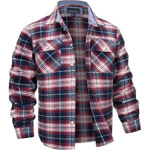 TacVAsen Men's Flannel Shirt Red Navy Plaid Long Sleeve Button Up Jacket XL
